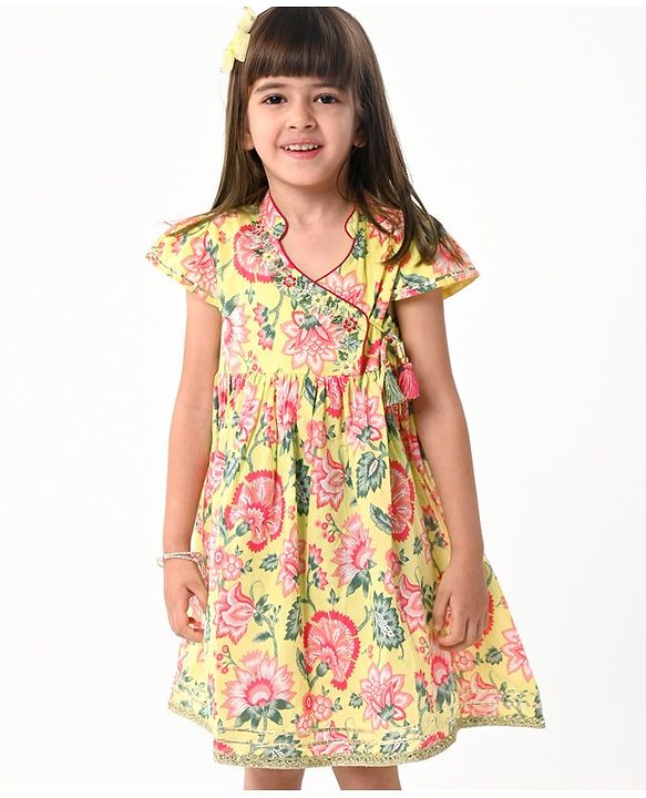 Babyhug Cotton Cambric Woven Cap Sleeves Embroidered Dress with Floral Print - Yellow