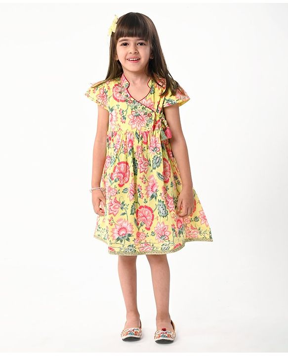 Babyhug Cotton Cambric Woven Cap Sleeves Embroidered Dress with Floral Print - Yellow