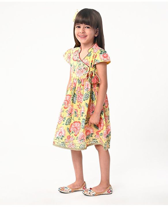 Babyhug Cotton Cambric Woven Cap Sleeves Embroidered Dress with Floral Print - Yellow