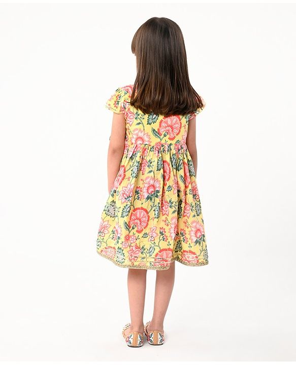 Babyhug Cotton Cambric Woven Cap Sleeves Embroidered Dress with Floral Print - Yellow