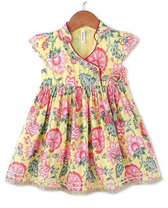 Babyhug Cotton Cambric Woven Cap Sleeves Embroidered Dress with Floral Print - Yellow