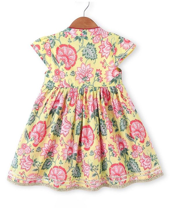 Babyhug Cotton Cambric Woven Cap Sleeves Embroidered Dress with Floral Print - Yellow
