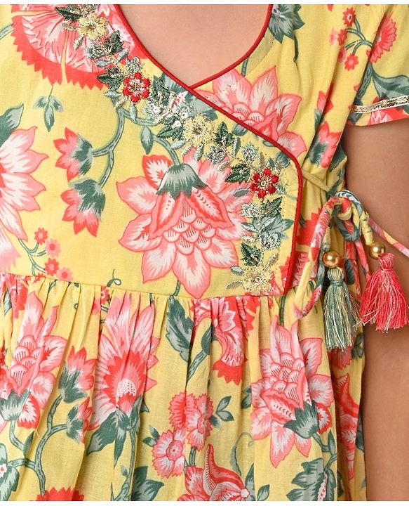 Babyhug Cotton Cambric Woven Cap Sleeves Embroidered Dress with Floral Print - Yellow