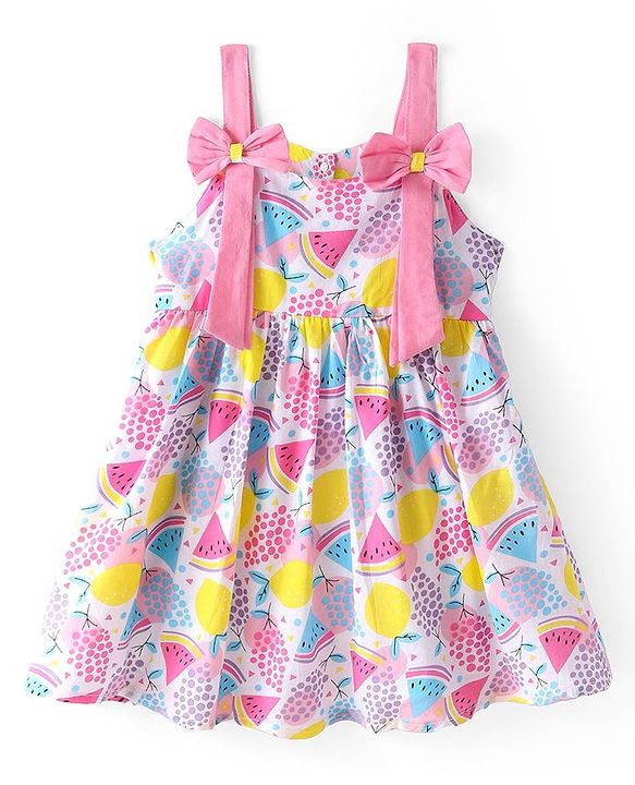 Babyhug Cambric Woven Sleeveless Frock Fruits Print and Bow Applique Pink (Bow Colour May Vary)