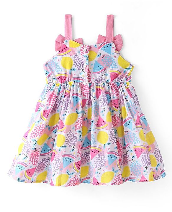 Babyhug Cambric Woven Sleeveless Frock Fruits Print and Bow Applique Pink (Bow Colour May Vary)