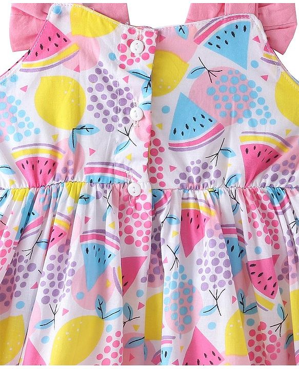 Babyhug Cambric Woven Sleeveless Frock Fruits Print and Bow Applique Pink (Bow Colour May Vary)