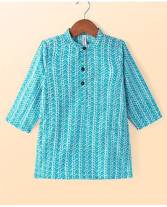 Babyhug Cambric Woven Full Sleeves Kurta Pyjama Set with Chevron Print - Blue