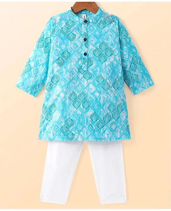 Babyhug Cambric Woven Full Sleeves Printed Kurta Pyjama Set - Blue