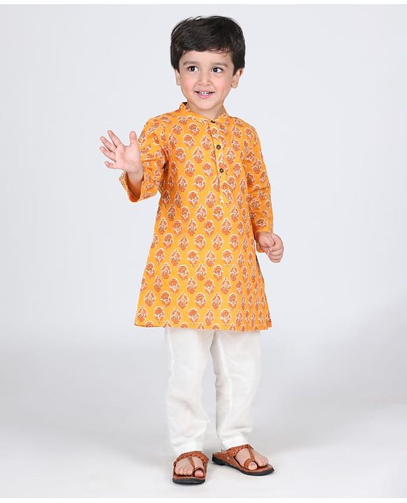 Babyhug Cotton Woven Cambric Full Sleeves Kurta Pyjama Set Floral Print - Yellow