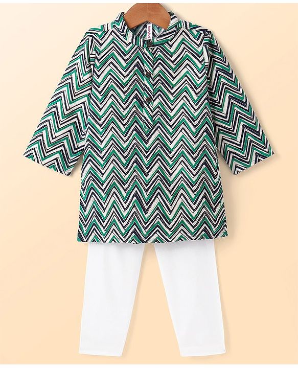 Babyhug Cotton Woven Cambric Full Sleeves Kurta With Pyjama Set Chevron Print - Green