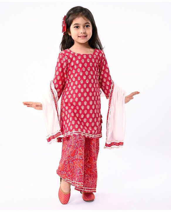 Babyhug Cotton Cambric Three Fourth Sleeves Kurti Palazzo Set with  Dupatta Floral Print - Red