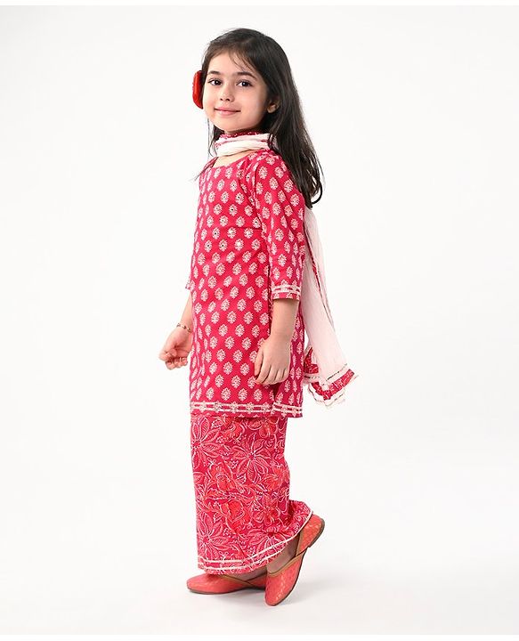 Babyhug Cotton Cambric Three Fourth Sleeves Kurti Palazzo Set with  Dupatta Floral Print - Red