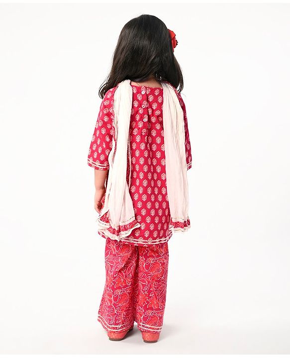 Babyhug Cotton Cambric Three Fourth Sleeves Kurti Palazzo Set with  Dupatta Floral Print - Red