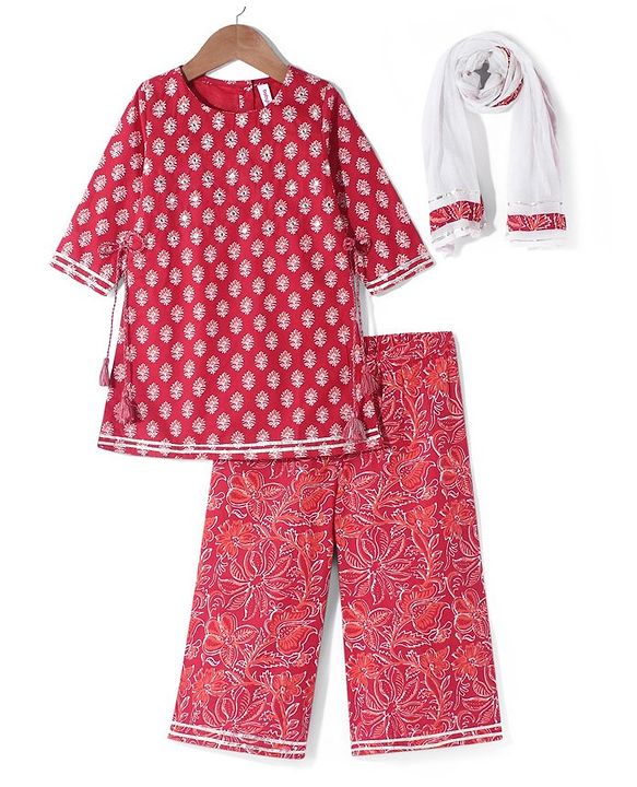 Babyhug Cotton Cambric Three Fourth Sleeves Kurti Palazzo Set with  Dupatta Floral Print - Red