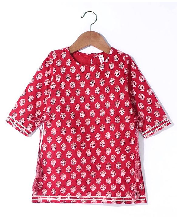 Babyhug Cotton Cambric Three Fourth Sleeves Kurti Palazzo Set with  Dupatta Floral Print - Red