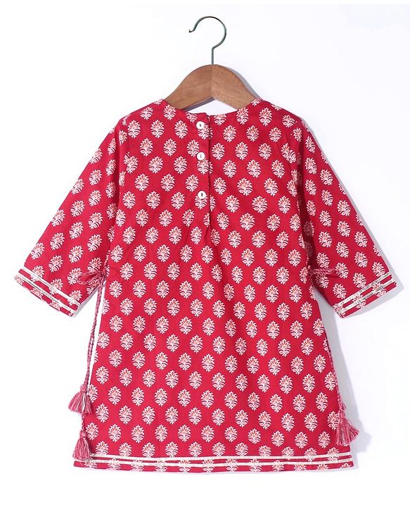 Babyhug Cotton Cambric Three Fourth Sleeves Kurti Palazzo Set with  Dupatta Floral Print - Red