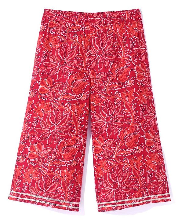 Babyhug Cotton Cambric Three Fourth Sleeves Kurti Palazzo Set with  Dupatta Floral Print - Red