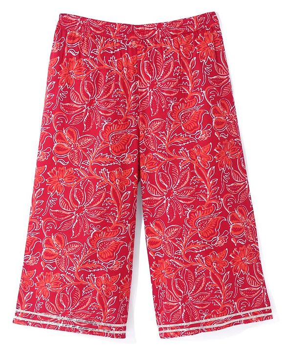 Babyhug Cotton Cambric Three Fourth Sleeves Kurti Palazzo Set with  Dupatta Floral Print - Red