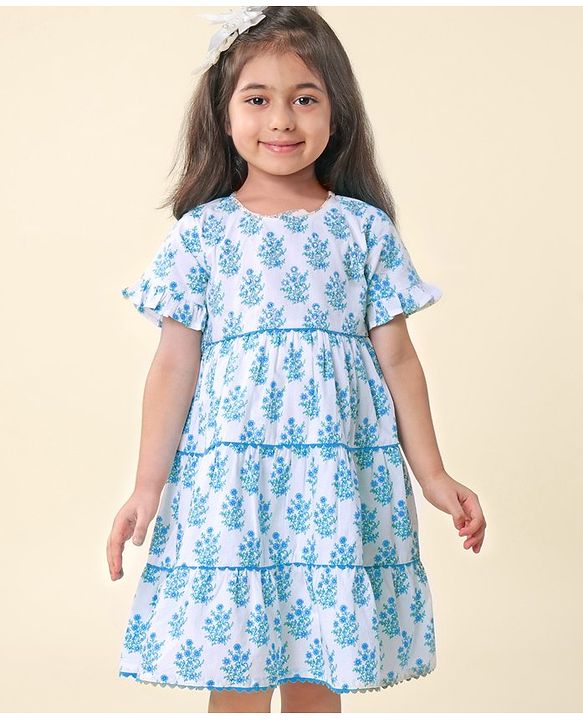 Babyhug Cotton Cambric Woven  Short Sleeve Tiered Ethnic Dress With Floral Print- White