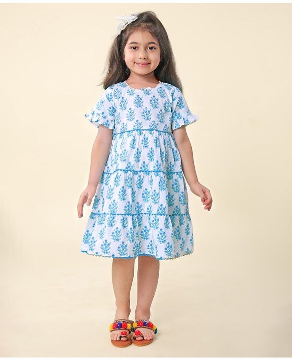 Babyhug Cotton Cambric Woven  Short Sleeve Tiered Ethnic Dress With Floral Print- White