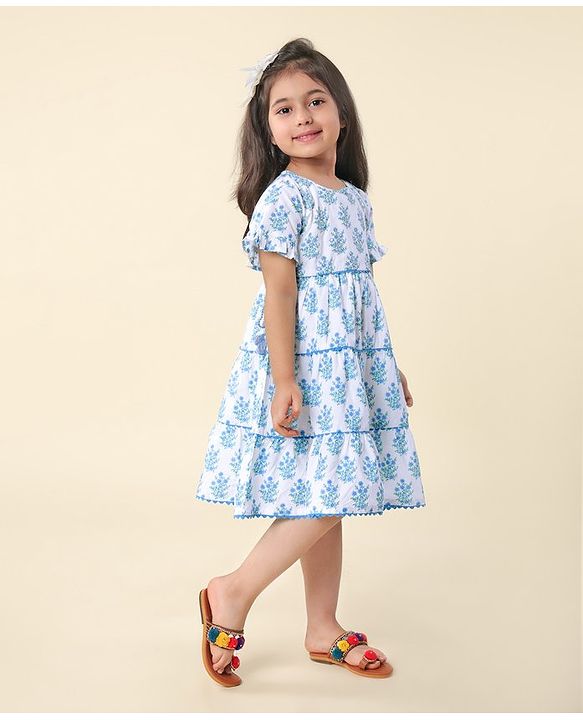 Babyhug Cotton Cambric Woven  Short Sleeve Tiered Ethnic Dress With Floral Print- White
