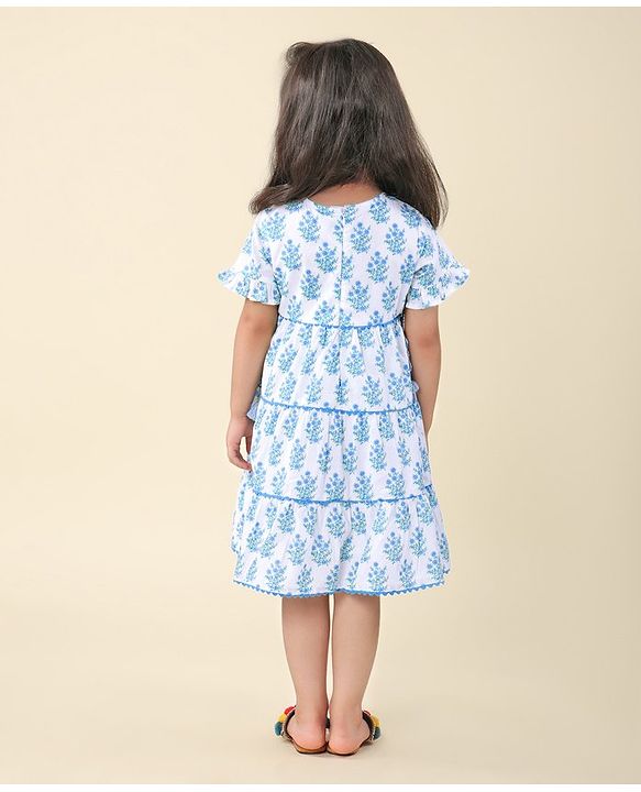 Babyhug Cotton Cambric Woven  Short Sleeve Tiered Ethnic Dress With Floral Print- White