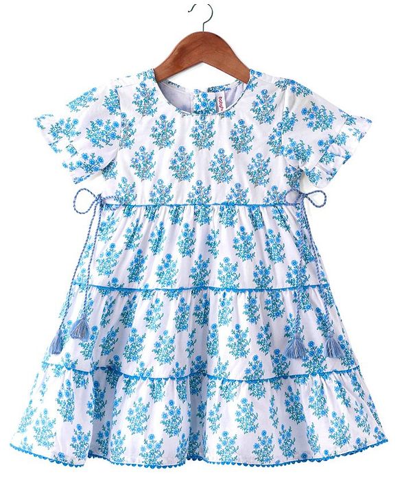 Babyhug Cotton Cambric Woven  Short Sleeve Tiered Ethnic Dress With Floral Print- White