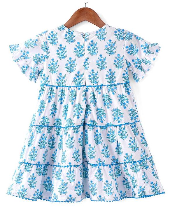 Babyhug Cotton Cambric Woven  Short Sleeve Tiered Ethnic Dress With Floral Print- White