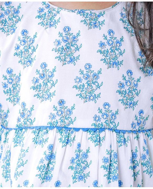 Babyhug Cotton Cambric Woven  Short Sleeve Tiered Ethnic Dress With Floral Print- White