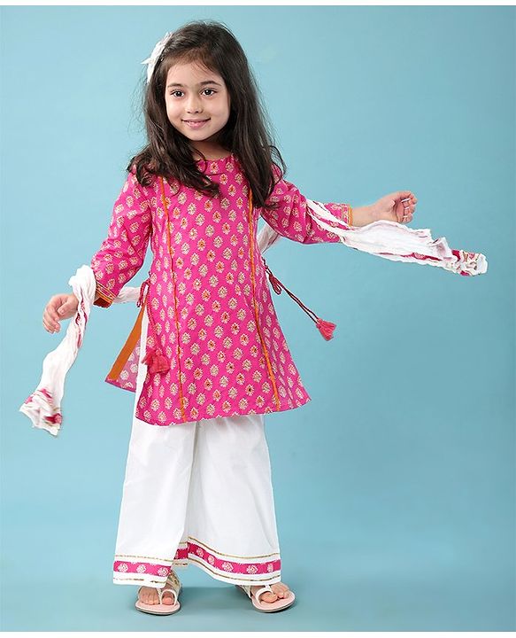 Babyhug Cotton Cambric Three Fourth Sleeves Kurti Palazzo &  Dupatta Set Floral Print - Fuschia