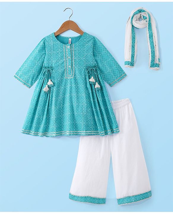 Babyhug Cotton Woven Three Fourth Sleeves Printed Kurta with Tassle Detailing & Palazzo with Dupatta Set - Blue