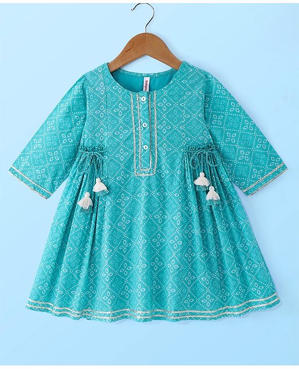 Babyhug Cotton Woven Three Fourth Sleeves Printed Kurta with Tassle Detailing & Palazzo with Dupatta Set - Blue