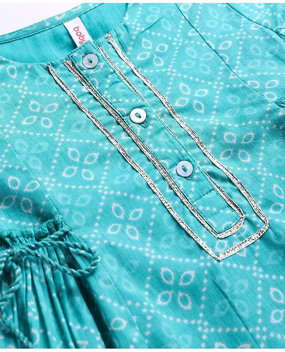 Babyhug Cotton Woven Three Fourth Sleeves Printed Kurta with Tassle Detailing & Palazzo with Dupatta Set - Blue