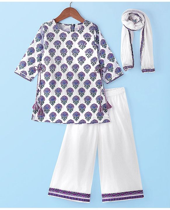Babyhug Cotton Woven Three Fourth Sleeves Cambric Floral Printed Kurti Palazzo &  Dupatta Set - White