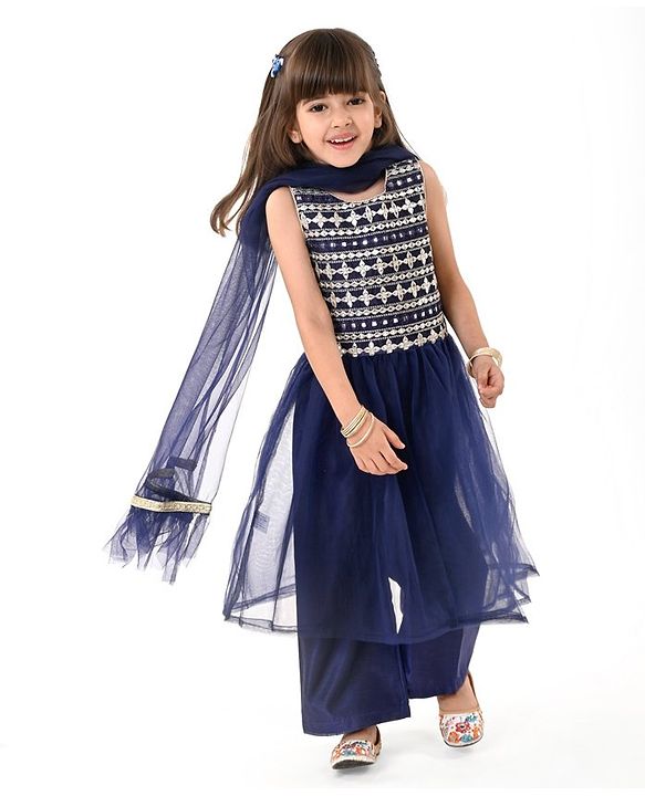Babyhug Woven  Sleeveless Net Embroidered Kurti Palazo Set with Dupatta - Navy Blue