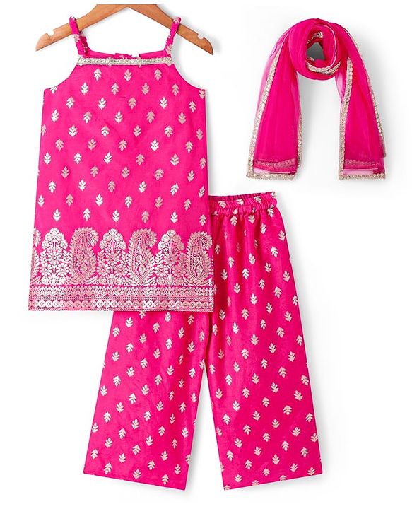 Babyhug Woven Sleeveless Brocade Kurti Palazo & Dupatta Set - Dark Pink