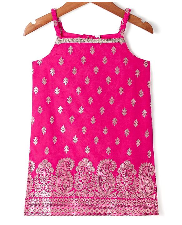 Babyhug Woven Sleeveless Brocade Kurti Palazo & Dupatta Set - Dark Pink