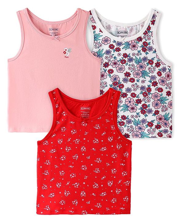 Pine Kids Cotton Lycra Knit Sleeveless  Slips  Floral Print Pack of 3 - Multicolour