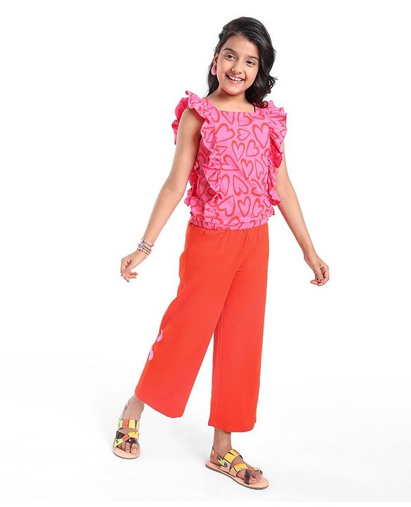 Pine Kids Looper Knit Frill Sleeves Top & Palazzo Set with Heart Print - Red & Pink