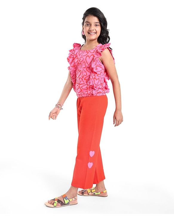 Pine Kids Looper Knit Frill Sleeves Top & Palazzo Set with Heart Print - Red & Pink