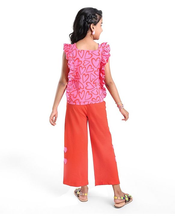 Pine Kids Looper Knit Frill Sleeves Top & Palazzo Set with Heart Print - Red & Pink