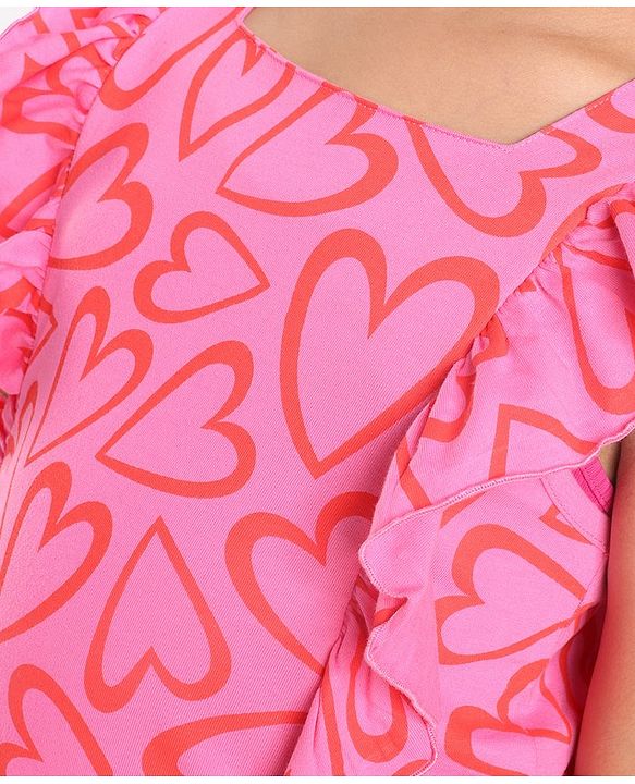 Pine Kids Looper Knit Frill Sleeves Top & Palazzo Set with Heart Print - Red & Pink