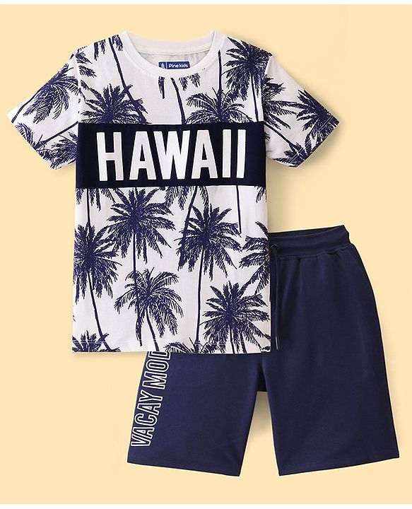 Pine Kids Single Jersey Knit Half Sleeves T-Shirt & Shorts Set Palm Tree Print - Snow White & Blue Depths
