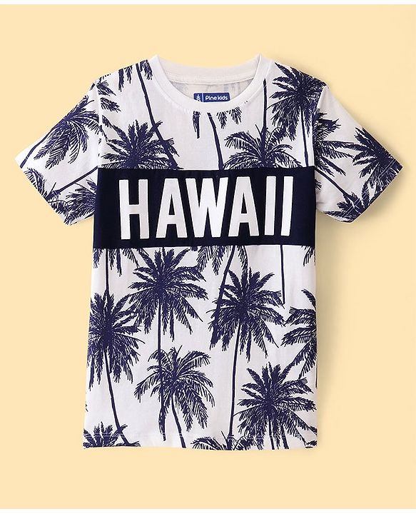 Pine Kids Single Jersey Knit Half Sleeves T-Shirt & Shorts Set Palm Tree Print - Snow White & Blue Depths