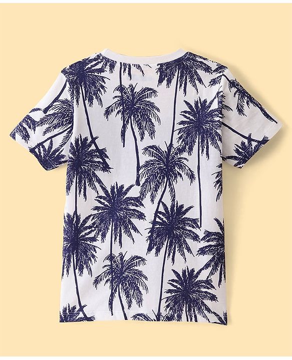 Pine Kids Single Jersey Knit Half Sleeves T-Shirt & Shorts Set Palm Tree Print - Snow White & Blue Depths
