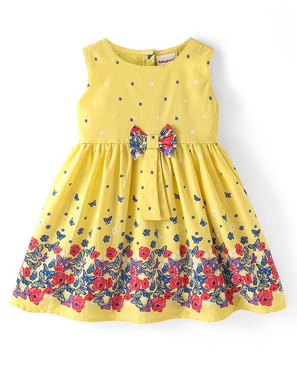 Babyhug Poplin Sleeveless Frock Floral and Butterfly Print with Bow Applique - Yellow