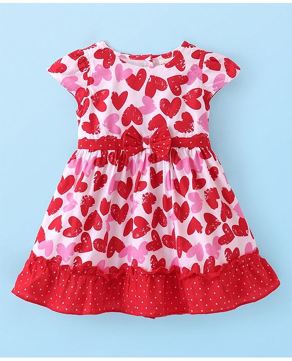 Babyhug Poplin Cotton Cap Sleeves Frock with Heart Print & Bow Applique - Red & Pink