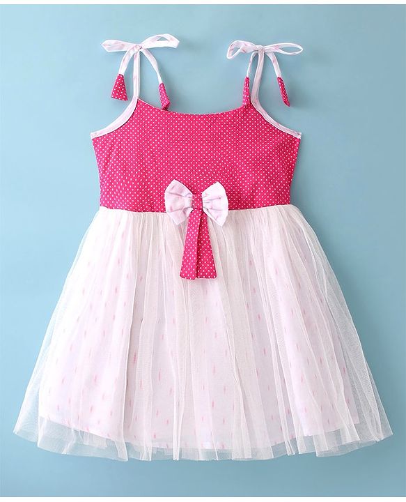 Babyhug 100% Cotton Woven Sleeveless Frocks With Polka Dot Print & Bow Applique- White