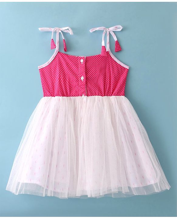 Babyhug 100% Cotton Woven Sleeveless Frocks With Polka Dot Print & Bow Applique- White