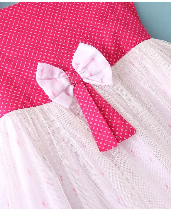Babyhug 100% Cotton Woven Sleeveless Frocks With Polka Dot Print & Bow Applique- White